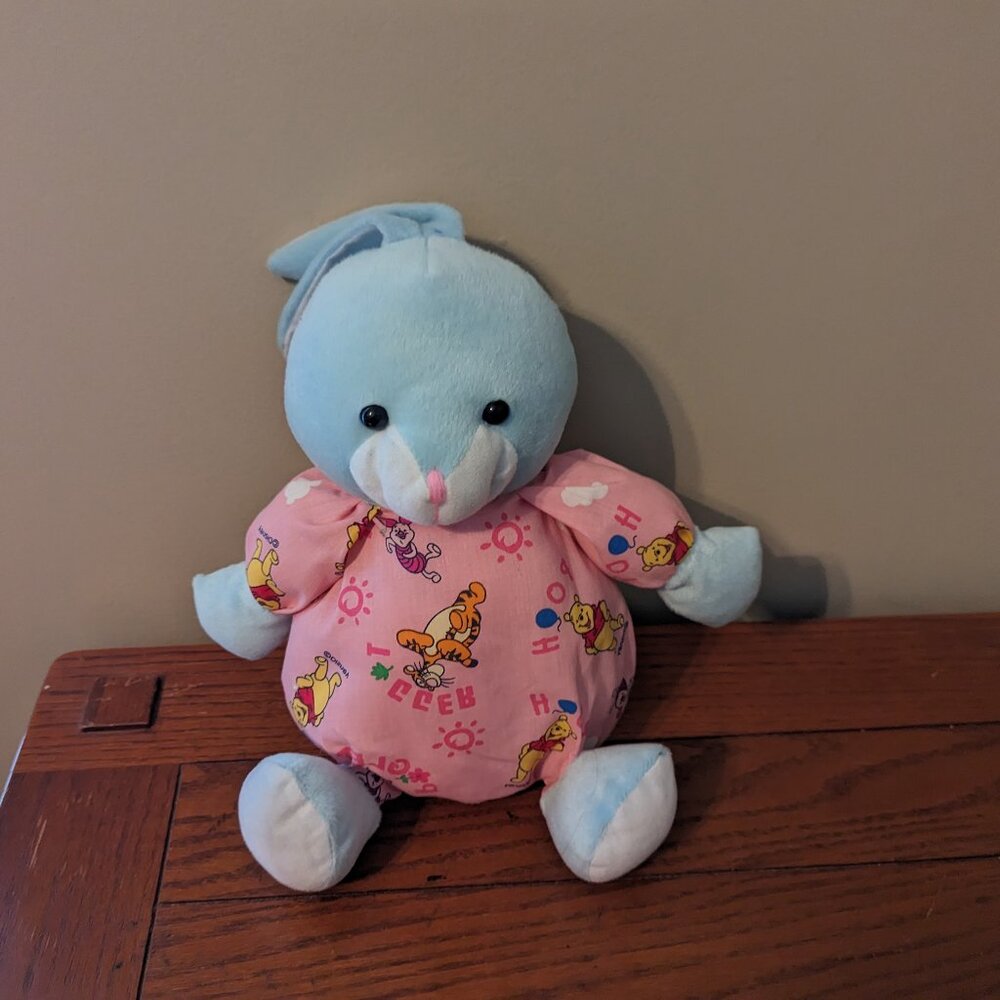 Toymax Light Blue Floppy Bunny Rabbit Plush Wearing a Winnie the Pooh Outfit